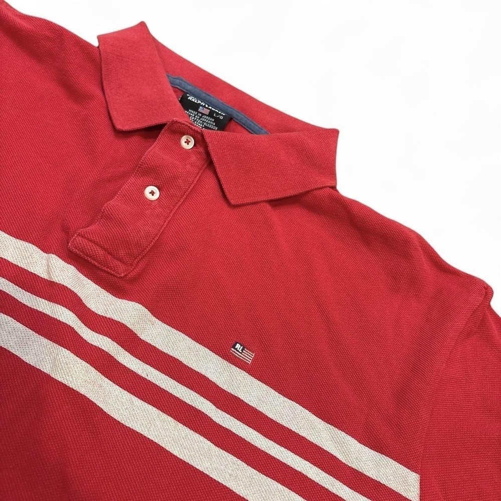 Vintage Polo Jeans Co Ralph Lauren Red Striped Polo Shirt Mens Large RL Flag